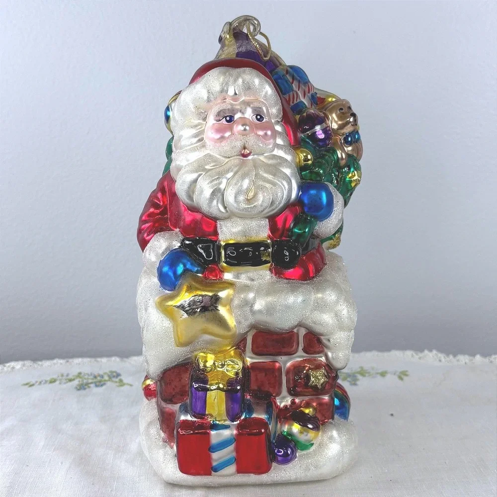 BK 1999 Large Glass Santa on Chimney Christmas Ornament Hand Painted NO‎ BOX